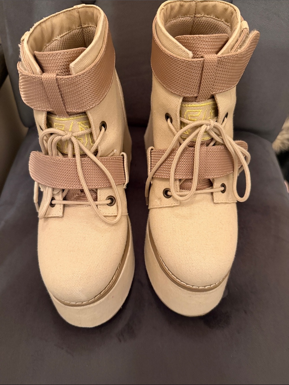 LF Brand Platform Cargo Style Canvas Boots in Tan